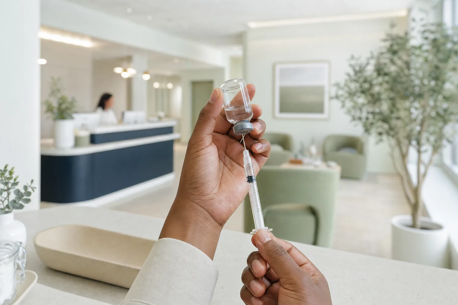 A Get Well Clinic provider drawing medication from a vial into a syringe at a clean clinic counter